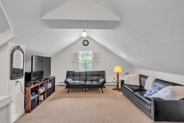 40 Pleasant St, Dover, MA 02030 - living room featuring vaulted ceiling, carpet floors, baseboards, a baseboard radiator, and a baseboard heating unit