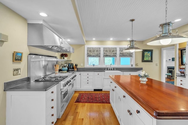 40 Pleasant St, Dover, MA 02030 - kitchen with double oven range, range hood, light wood-type flooring, a sink, and white cabinetry