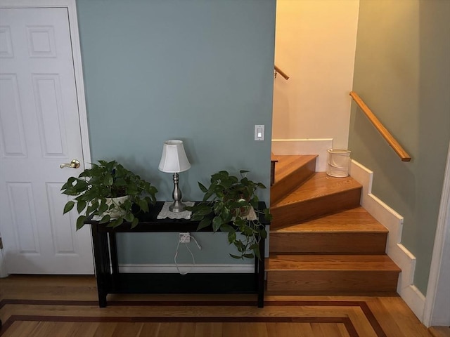 stairway with wood finished floors