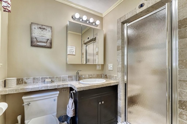 13 Tamarack Rd, Medfield, MA 02052 - full bathroom featuring ornamental molding, vanity, and a shower stall