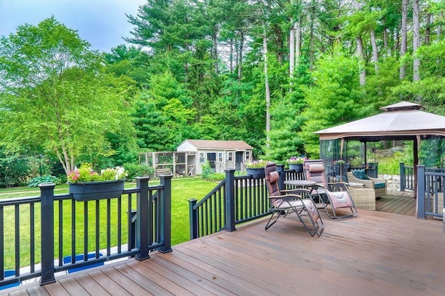 13 Tamarack Rd, Medfield, MA 02052 - deck with a gazebo, a lawn, and an outbuilding