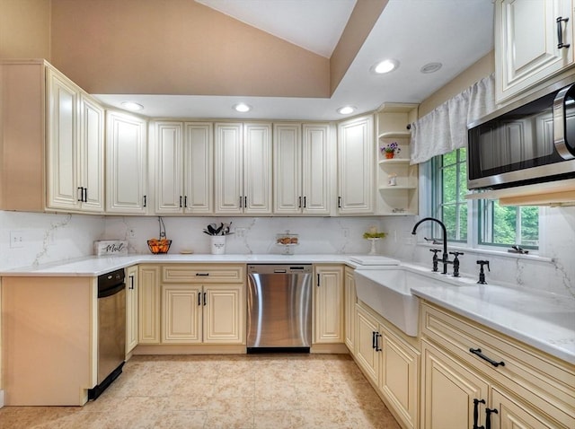 13 Tamarack Rd, Medfield, MA 02052 - kitchen featuring appliances with stainless steel finishes, vaulted ceiling, open shelves, recessed lighting, and decorative backsplash