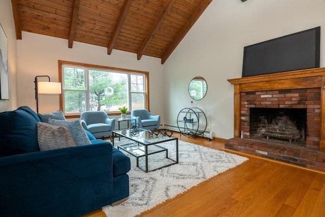living room with beam ceiling, high vaulted ceiling, wood finished floors, and wooden ceiling