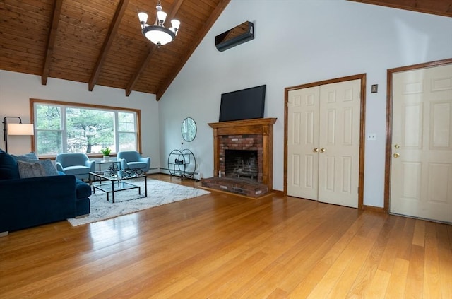 living area featuring wood ceiling, a fireplace, beam ceiling, wood finished floors, and high vaulted ceiling