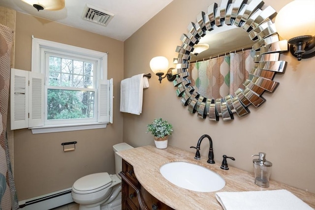 full bath featuring a shower with curtain, visible vents, baseboard heating, vanity, and toilet