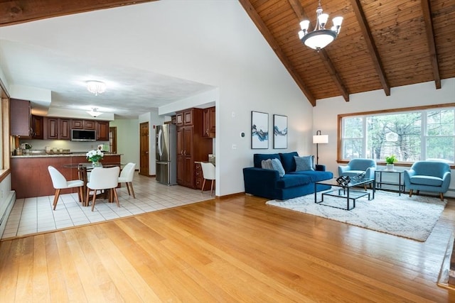 living area featuring wood ceiling, light wood-type flooring, beam ceiling, baseboards, and high vaulted ceiling