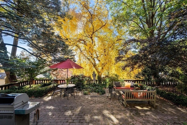 view of patio / terrace featuring outdoor dining space and a grill