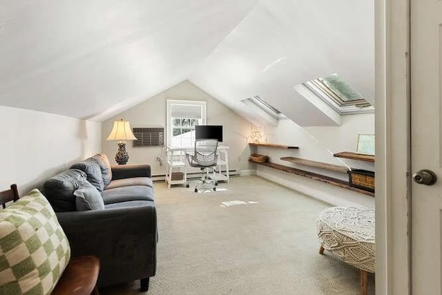 interior space featuring carpet floors, a baseboard radiator, and lofted ceiling