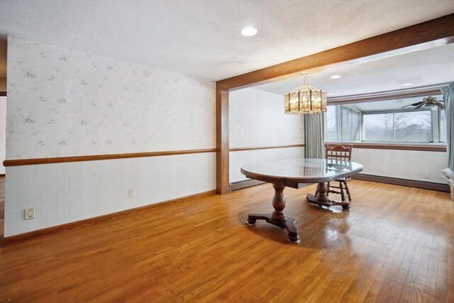 51 S St, Granby, MA 01033 - dining area with wallpapered walls, light wood-type flooring, beamed ceiling, a chandelier, and recessed lighting