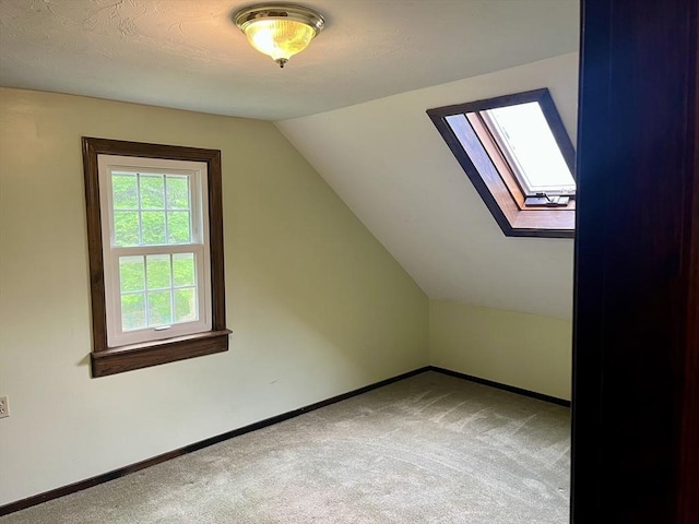 additional living space featuring carpet, a skylight, baseboards, and lofted ceiling
