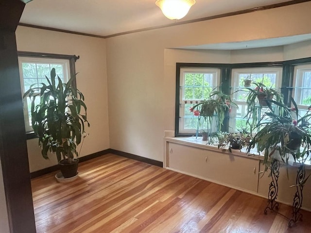 spare room featuring light wood-style flooring, plenty of natural light, ornamental molding, and baseboards