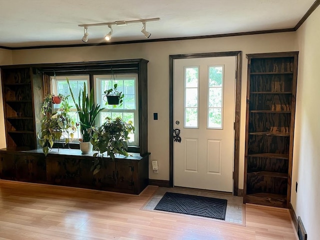 foyer entrance featuring light wood-type flooring, plenty of natural light, and ornamental molding