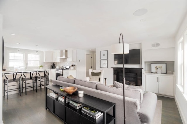 living room with dark wood-type flooring