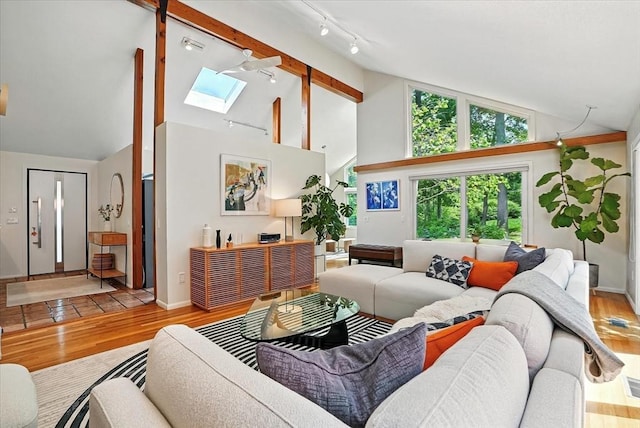13 Robinwood Rd, Acton, MA 01720 - living room with a skylight, wood finished floors, high vaulted ceiling, track lighting, and baseboards