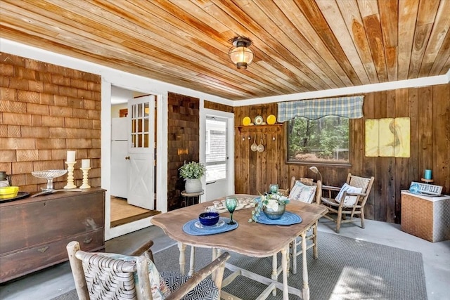 3 Five Cors, Barnstable, MA 02632 - dining space with wood ceiling, finished concrete flooring, and wood walls