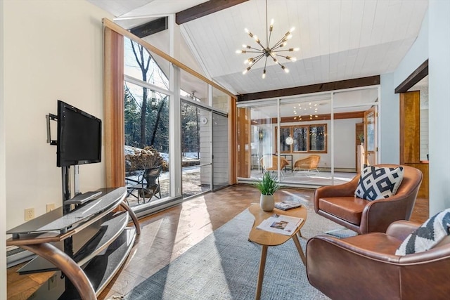 living room with an inviting chandelier, high vaulted ceiling, a wall of windows, and beamed ceiling