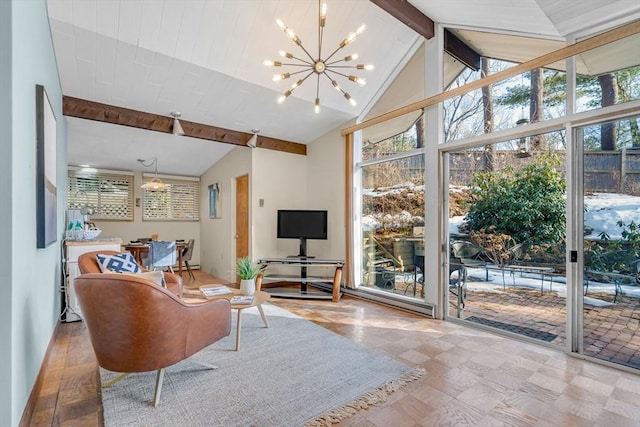 living room featuring high vaulted ceiling, an inviting chandelier, floor to ceiling windows, and beamed ceiling