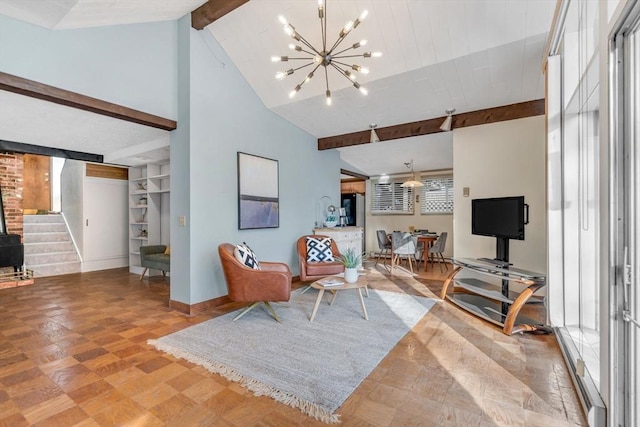 living area featuring baseboards, a chandelier, stairs, high vaulted ceiling, and beam ceiling