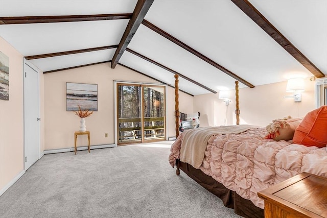 carpeted bedroom with a baseboard radiator, access to outside, and vaulted ceiling with beams