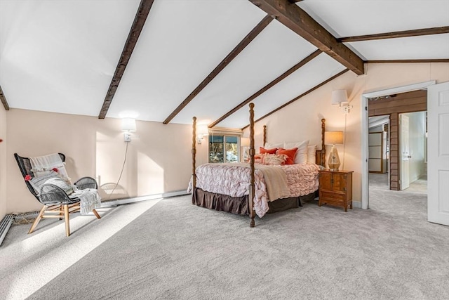 carpeted bedroom featuring lofted ceiling with beams