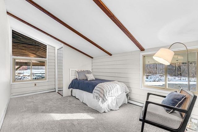 carpeted bedroom with vaulted ceiling with beams and wooden walls