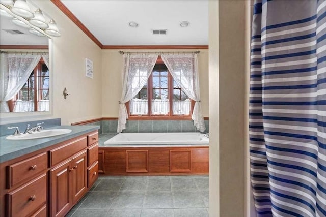 bathroom with vanity, tile patterned flooring, ornamental molding, and shower with separate bathtub