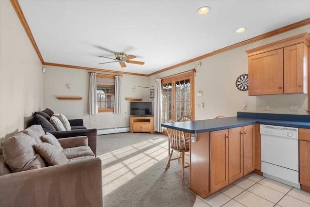 kitchen featuring a baseboard heating unit, ceiling fan, kitchen peninsula, white dishwasher, and crown molding