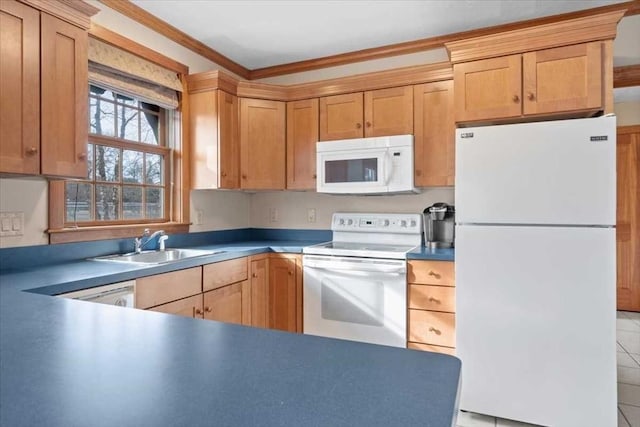 kitchen with crown molding, light tile patterned floors, sink, and white appliances