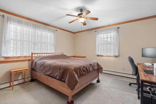 bedroom with light carpet, baseboard heating, crown molding, and ceiling fan