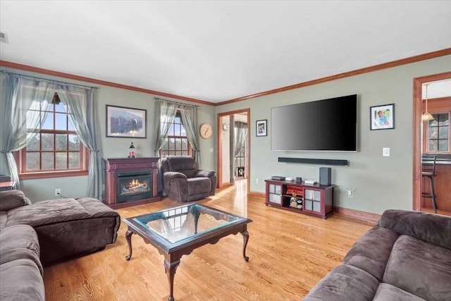 living room featuring crown molding and light hardwood / wood-style floors