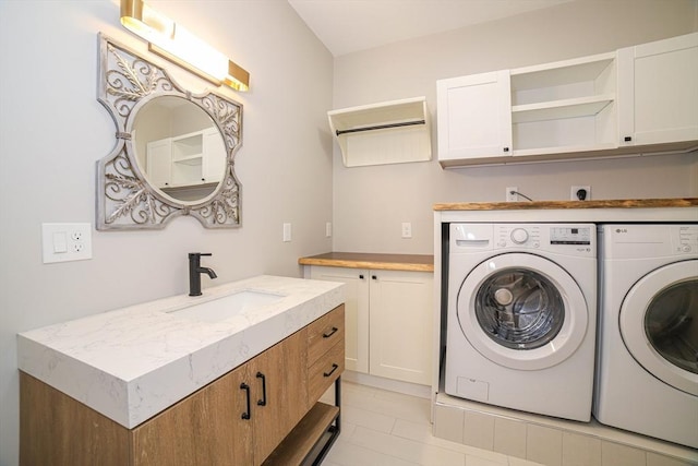 3 Woods Rd, Westminster, MA 01473 - clothes washing area featuring a sink, cabinet space, and washer and dryer