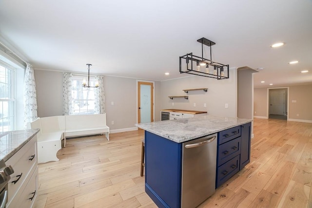 3 Woods Rd, Westminster, MA 01473 - kitchen featuring white cabinets, ornamental molding, blue cabinets, light wood-type flooring, and stainless steel dishwasher