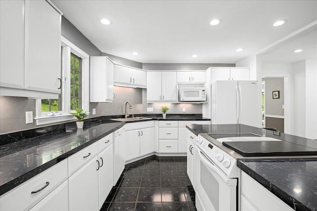 14 Vanessa Dr, Northborough, MA 01532 - kitchen featuring white appliances, granite floors, recessed lighting, white cabinets, and dark stone counters