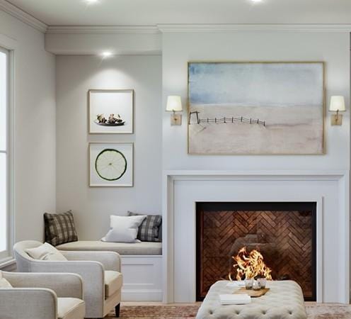 living room featuring crown molding