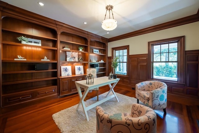 office with crown molding and dark hardwood / wood-style flooring