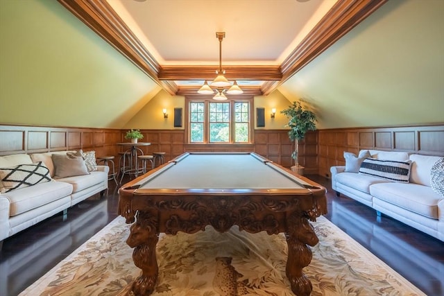 recreation room featuring crown molding, lofted ceiling, and billiards