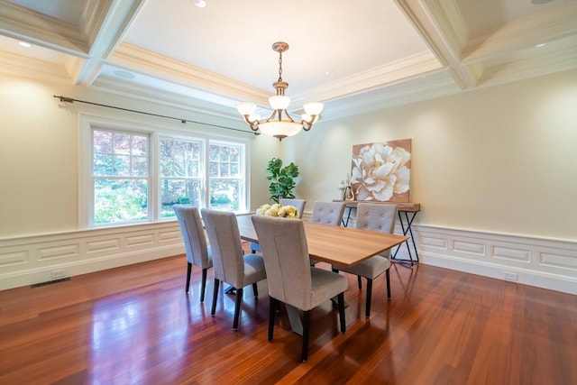 dining room featuring coffered ceiling, beam ceiling, a chandelier, and dark wood-type flooring