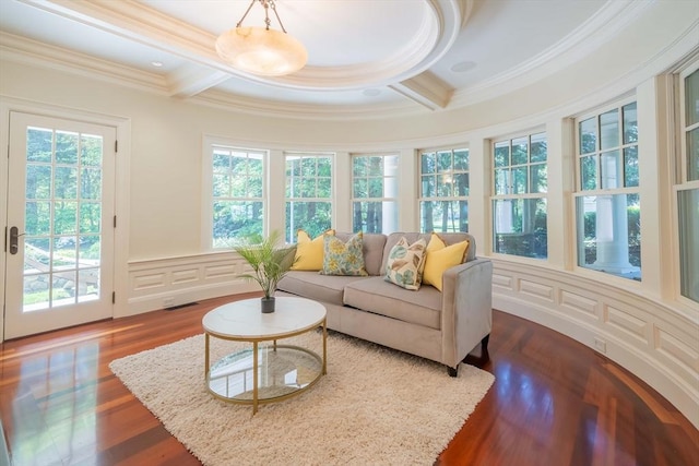 sunroom / solarium with beamed ceiling and coffered ceiling