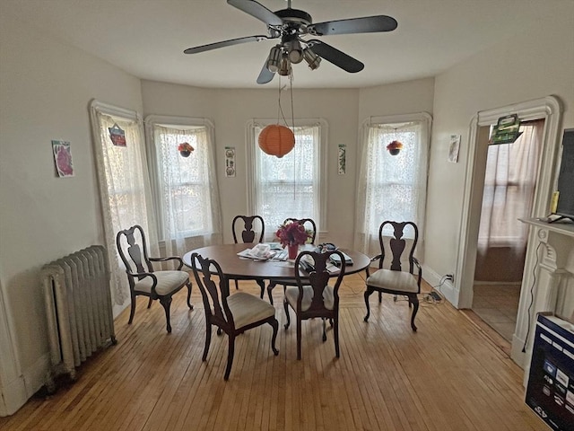 dining space featuring radiator heating unit, light wood-style floors, baseboards, and ceiling fan