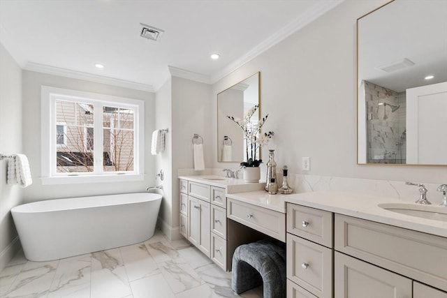 full bath with marble finish floor, crown molding, visible vents, a stall shower, and vanity