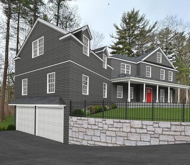 95 Stoney Brook Ln, Norwell, MA 02061 - view of front of property featuring covered porch, a garage, aphalt driveway, a front lawn, and fence private yard