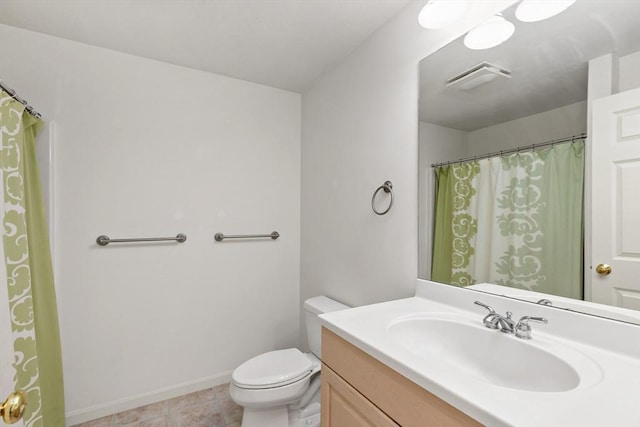 full bathroom featuring tile patterned floors, visible vents, toilet, baseboards, and vanity