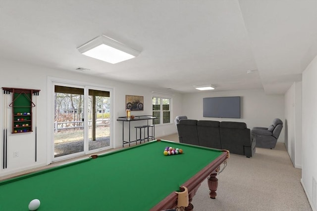 game room with visible vents, billiards, and carpet floors