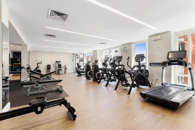 workout area featuring wood finished floors and visible vents