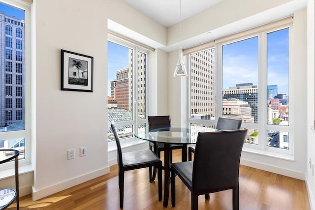 dining room featuring a healthy amount of sunlight, a city view, and light wood-style flooring