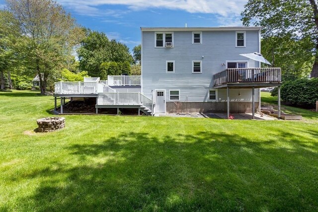194 Crossfield Rd, Franklin, MA 02038 - rear view of house featuring an outdoor fire pit, a wooden deck, a yard, stairs, and a patio