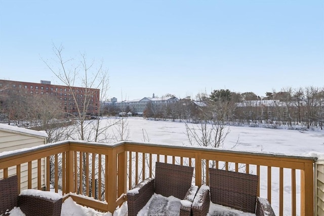 view of snow covered deck