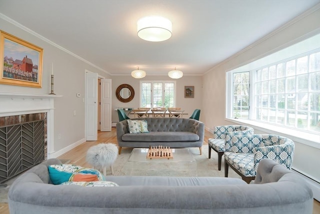 living room featuring wood finished floors, ornamental molding, a fireplace, a baseboard radiator, and baseboards