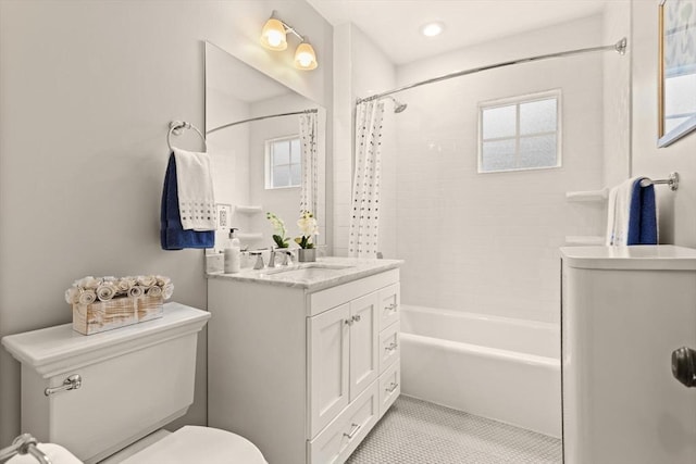 17-19 Newtonville Ave Unit 2, Newton, MA 02458 - bathroom featuring toilet, shower / tub combo with curtain, vanity, and tile patterned floors