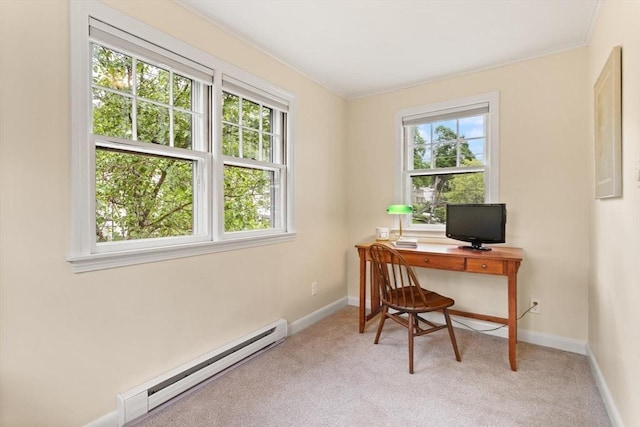 17-19 Newtonville Ave Unit 2, Newton, MA 02458 - carpeted home office featuring a baseboard heating unit, healthy amount of natural light, baseboards, and ornamental molding